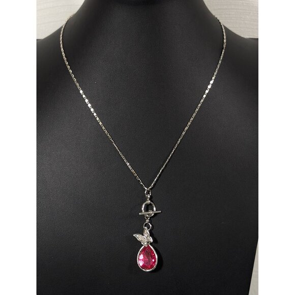 Boho Butterfly Teardrop Pendant AB Crystal Pave Toggle Necklace Silver Tone 18" - Picture 3 of 10